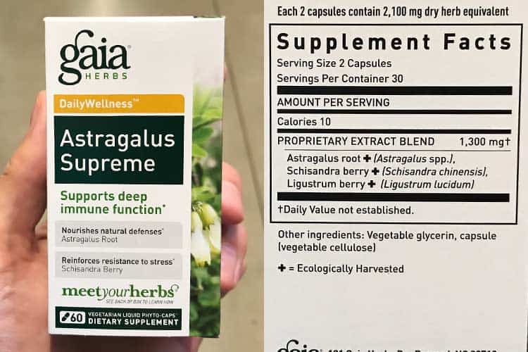 Gaia astragalus supreme package and supplement facts label