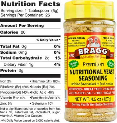 Bragg's nutritional yeast bottle photo and nutrition facts