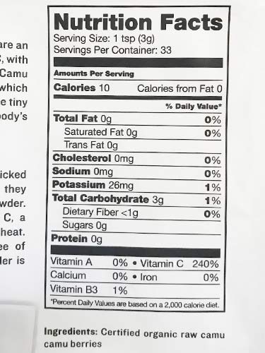 camu nutrition facts label showing calories, vitamins and minerals