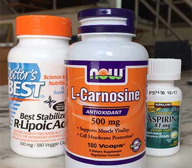 bottles of L carnosine, alpha lipoic acid, aspirin