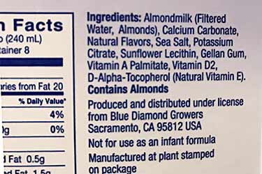 Almond Dream unsweetened vanilla nutrition facts label