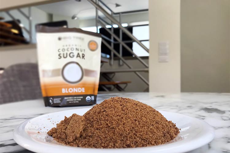 bag of organic coconut sugar and what it looks like closeup