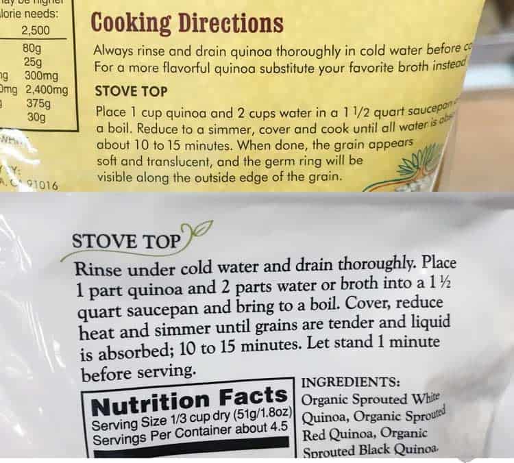 directions for how to rinse and cook white and sprouted quinoa