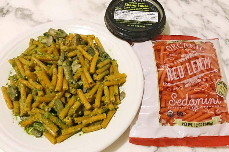 spicy dairy free pesto substitute with gluten free protein-rich pasta