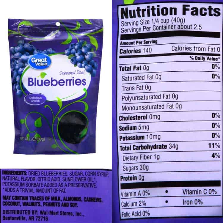 dried blueberries nutrition facts and ingredients label