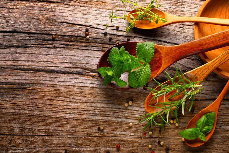 fresh herbs on spoons