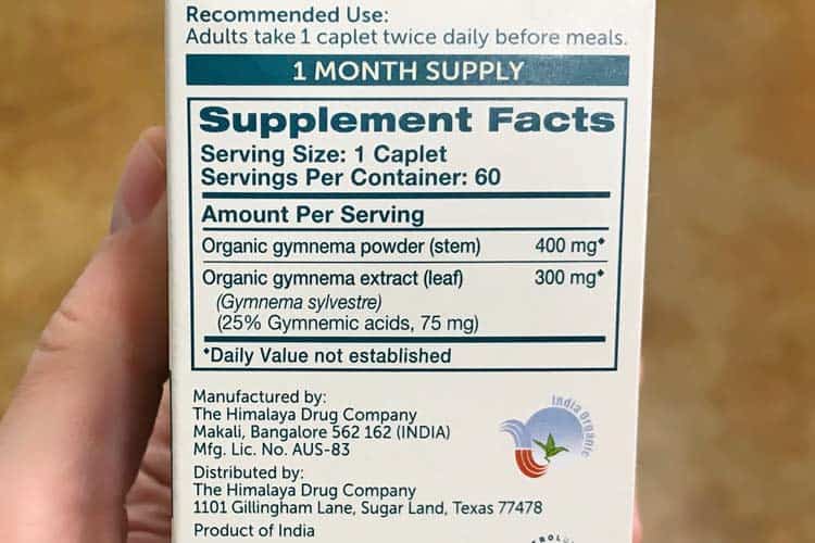 supplement nutrition facts and recommended dosing instructions for Himalaya brand of gymnema