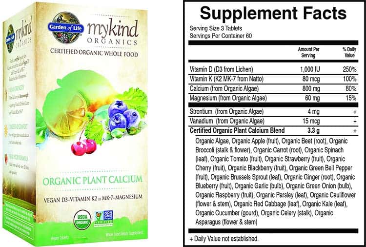 Mykind Organics Plant Calcium bottle and supplement facts label for nutrition