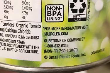 non-BPA lining symbol on Muir Glen tomatoes in can