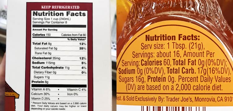 nutrition facts label for floral and clover honey and organic milk from Trader Joe's