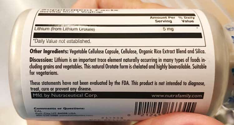 ingredients label for lithium supplement