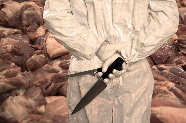 butcher in slaughterhouse with knives in hand