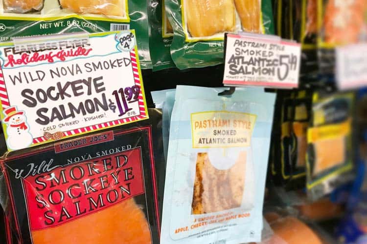 cold-smoked sockeye and Atlantic salmon for sale at Trader Joe's store