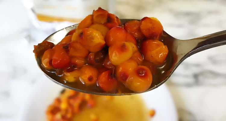 spoonful of frozen sea buckthorn after thawing