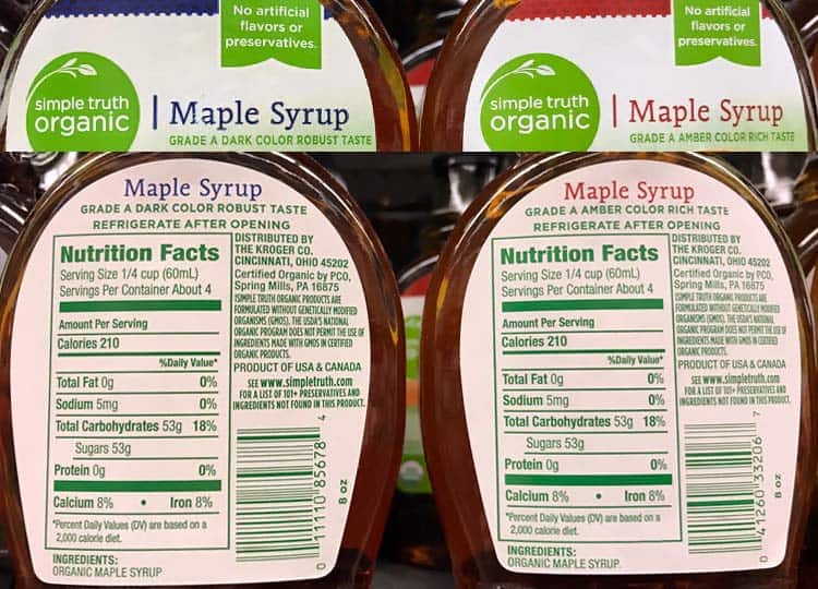 labels for maple syrup nutrition facts, grade A light and grade B dark