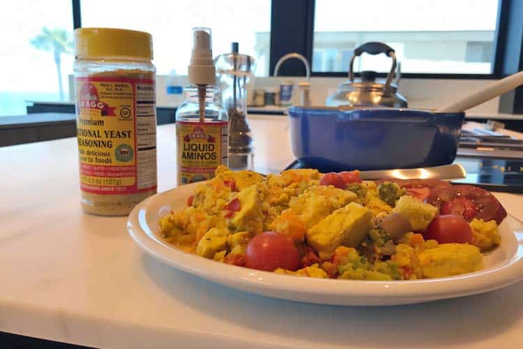 organic tempeh scramble mad with Bragg yeast and amino acids