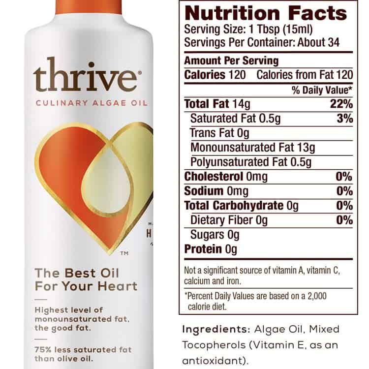 Thrive algae cooking oil nutrition facts label and ingredients