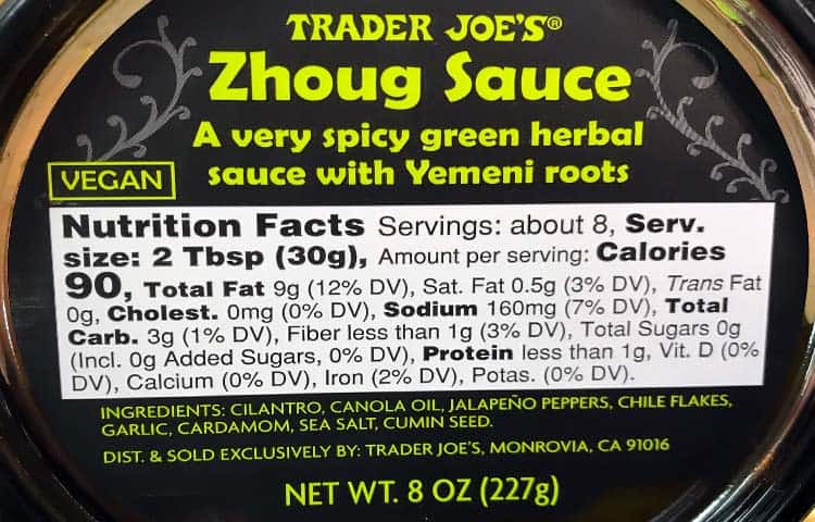 zhoug sauce nutrition facts and ingredients label