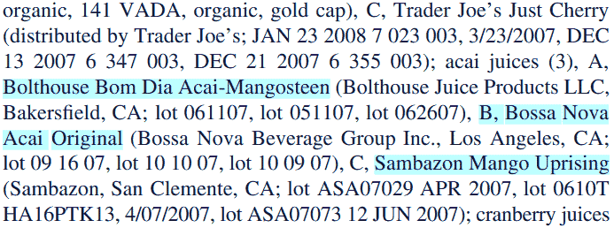 ORAC levels in acai juice from Sambazon, Bolthouse Farms, Bossa Nova