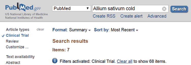 Results for allium sativum cold on PubMed