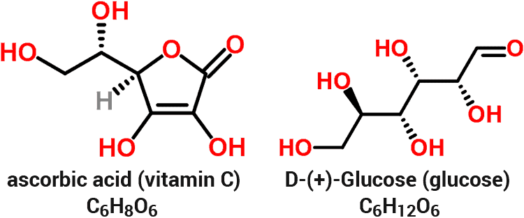 chemical structures and molecular formulas for vitamin C and glucose