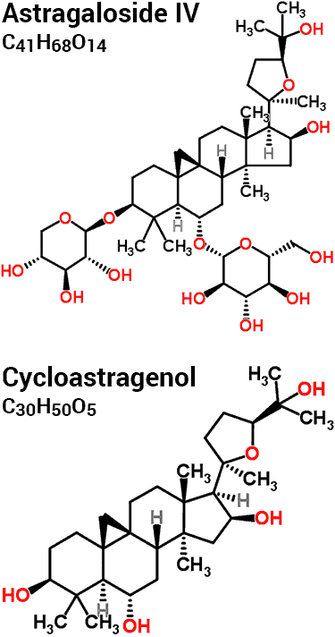 chemical molecular formulas and structures of astragaloside IV vs. cycloastragenol