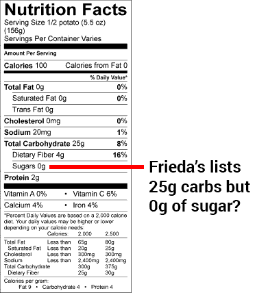 Frieda's Japanese yams nutrition facts label