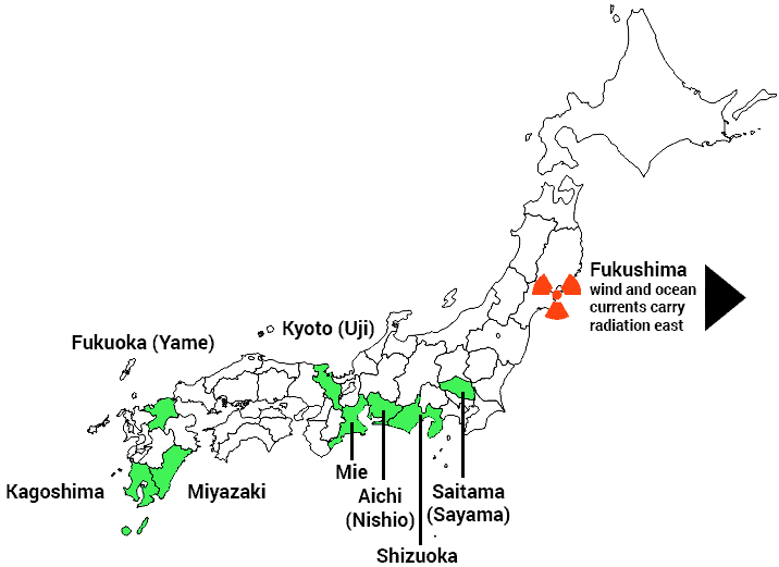 map showing distances of green tea farms relative to Fukushima