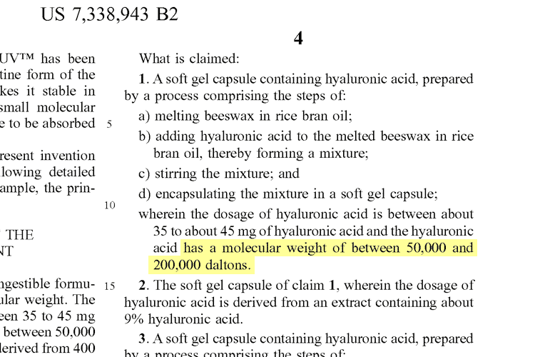 patent showing molecular weight of hyaluronic acid from roosters