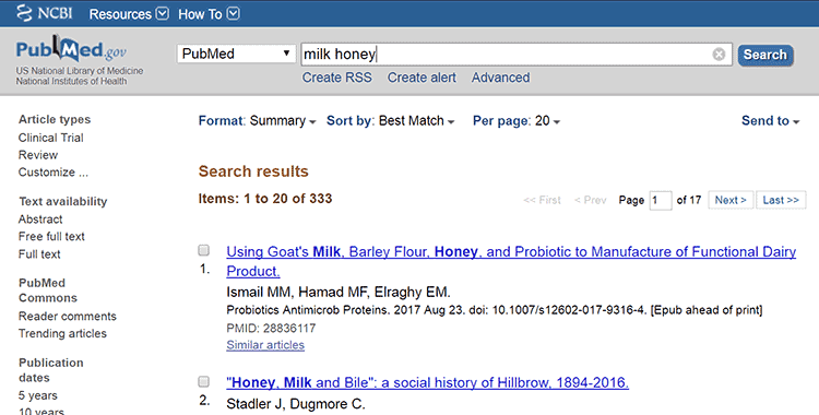 clinical studies and research on honey milk in the PubMed database