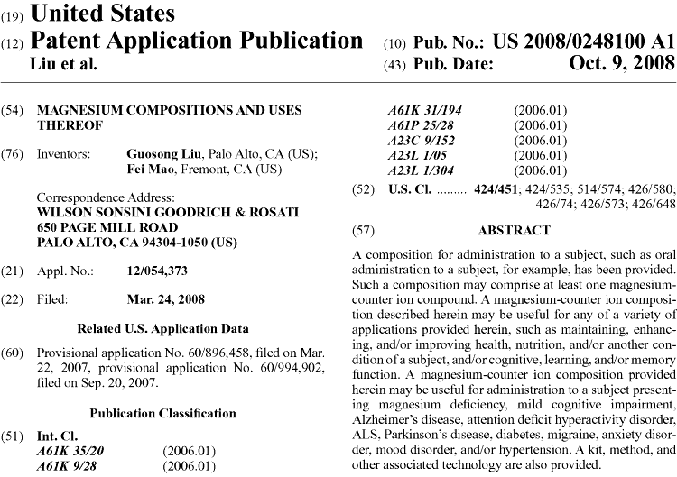 US patent application for Magtein