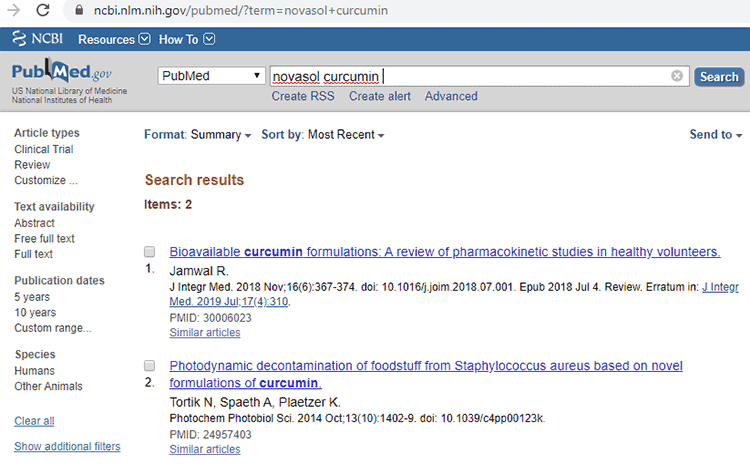 Novasol curcumin human clinical trial studies on PubMed database