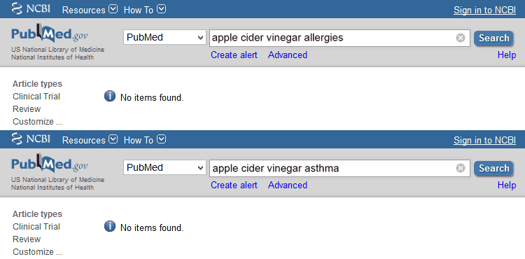 PubMed search results for allergy studies about cider vinegar