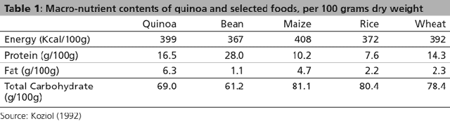 table showing protein and nutrition of quinoa vs. beans vs. corn vs. rice vs. wheat