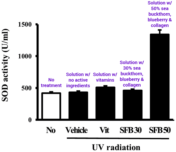 bar graph showing UV effect on skin treated with sea buckthorn fruit and blueberry